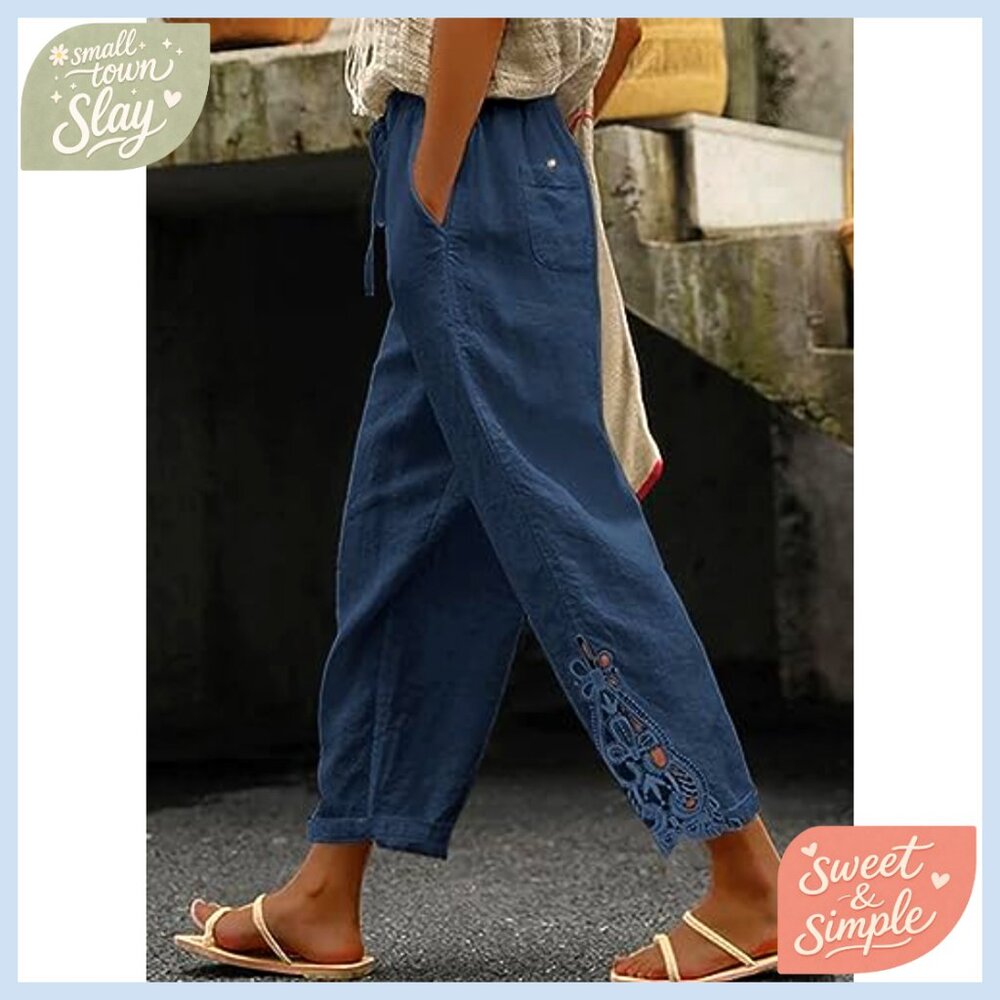 Casual Lightweight Drawstring Elastic Waist Pants with Pockets Capri Length - Picture 2 of 7